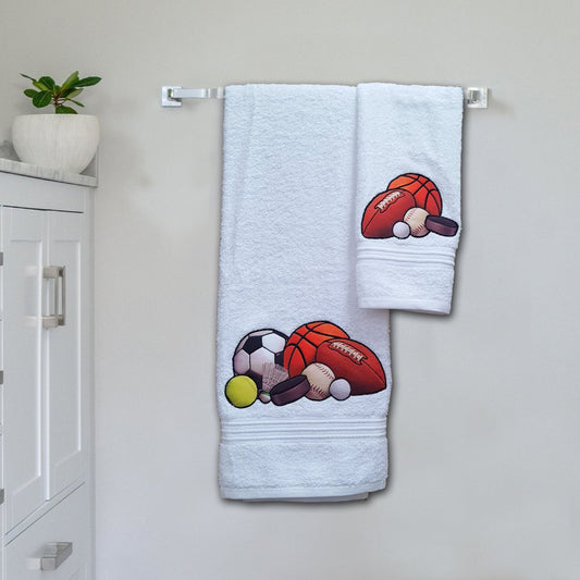 All Sports Balls Embroidered Personalized Towel Set White