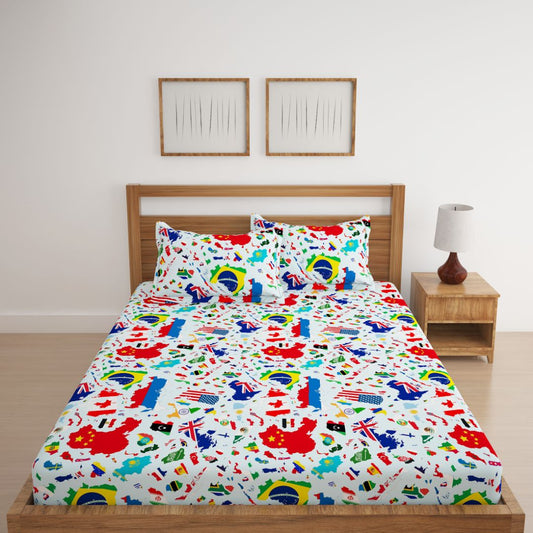 World Map With Flags Print Bed Sheet