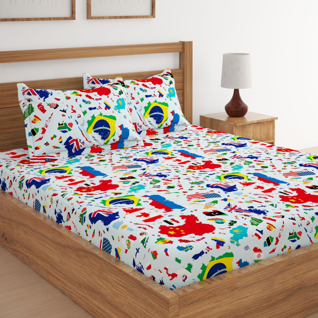 World Map With Flags Print Bed Sheet