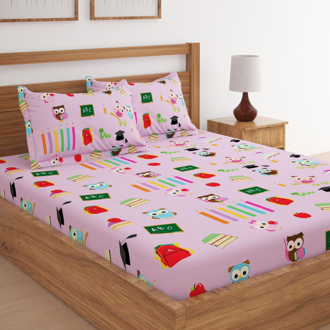 Back To School Pink Owl Print Bed Sheet