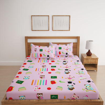 Back To School Pink Owl Print Bed Sheet