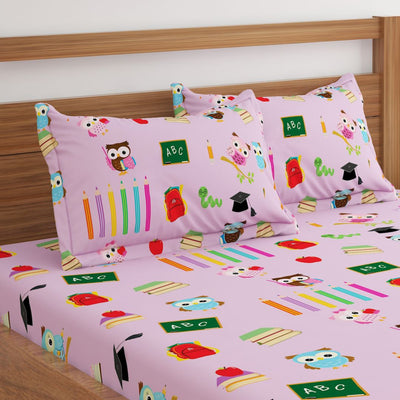 Back To School Pink Owl Print Bed Sheet