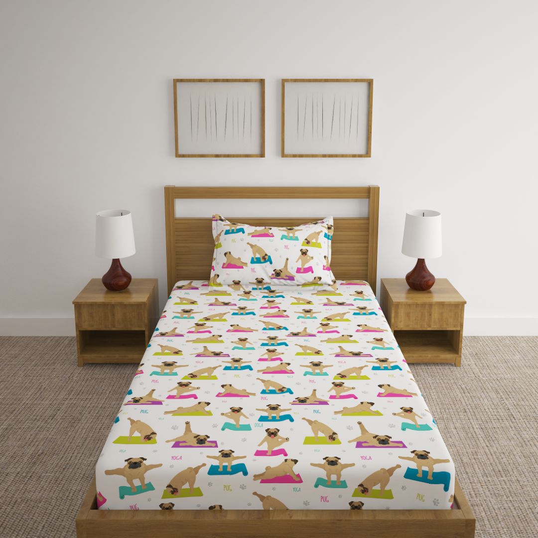 Pug Yoga Print Bed Sheet