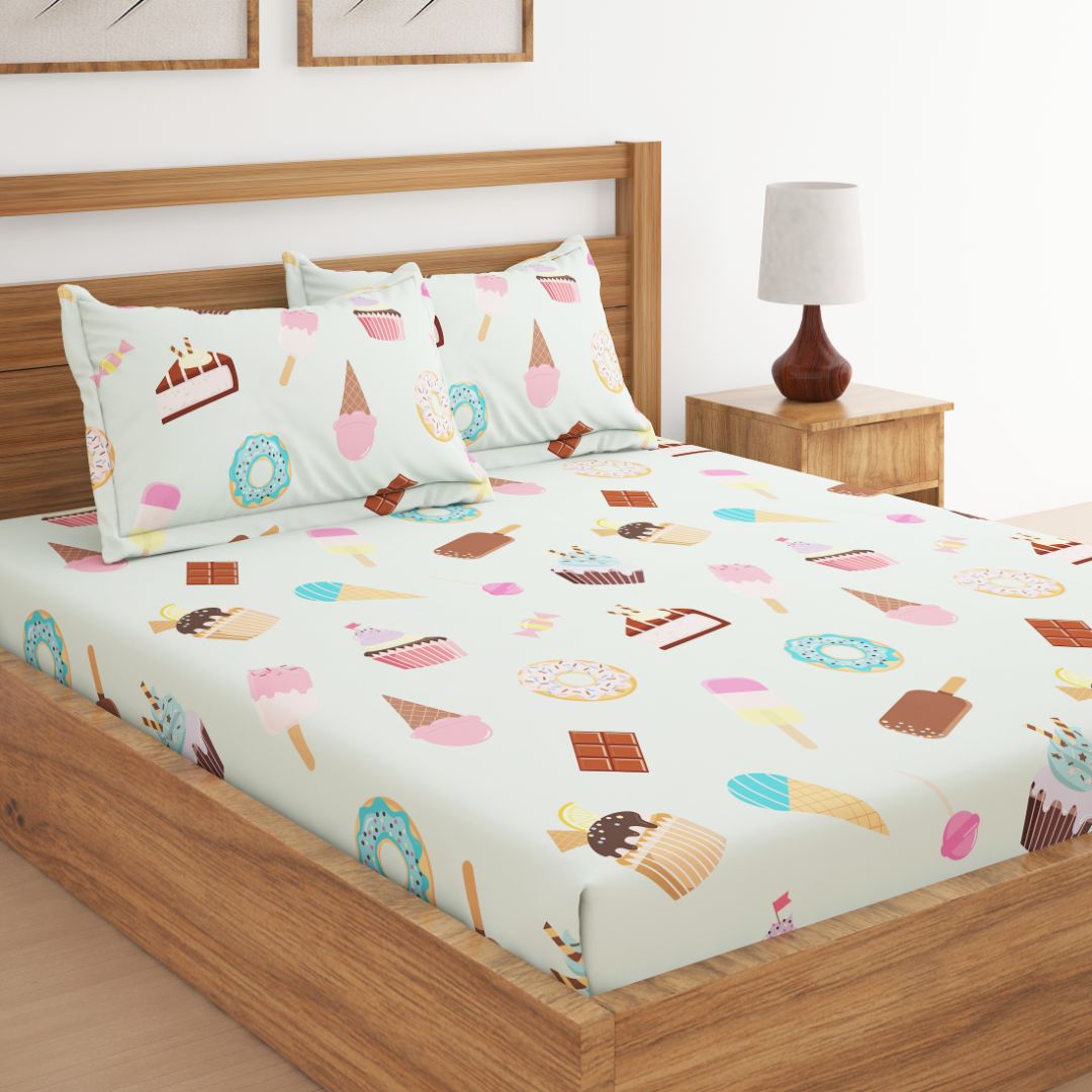 Icecream Light Green Print Bed Sheet