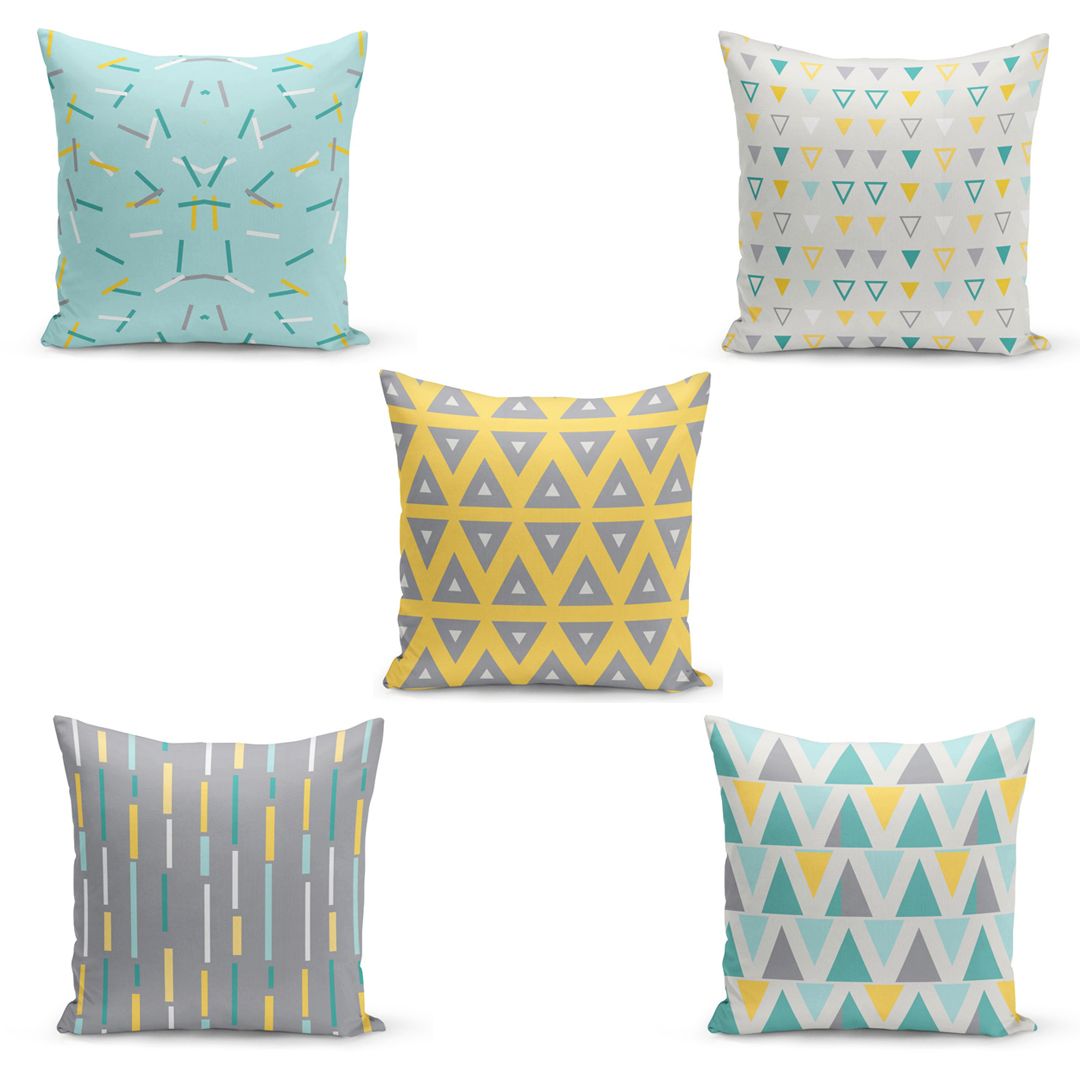 Yellow - Green - Grey Geometric Pattern Set of Five Cushion Covers