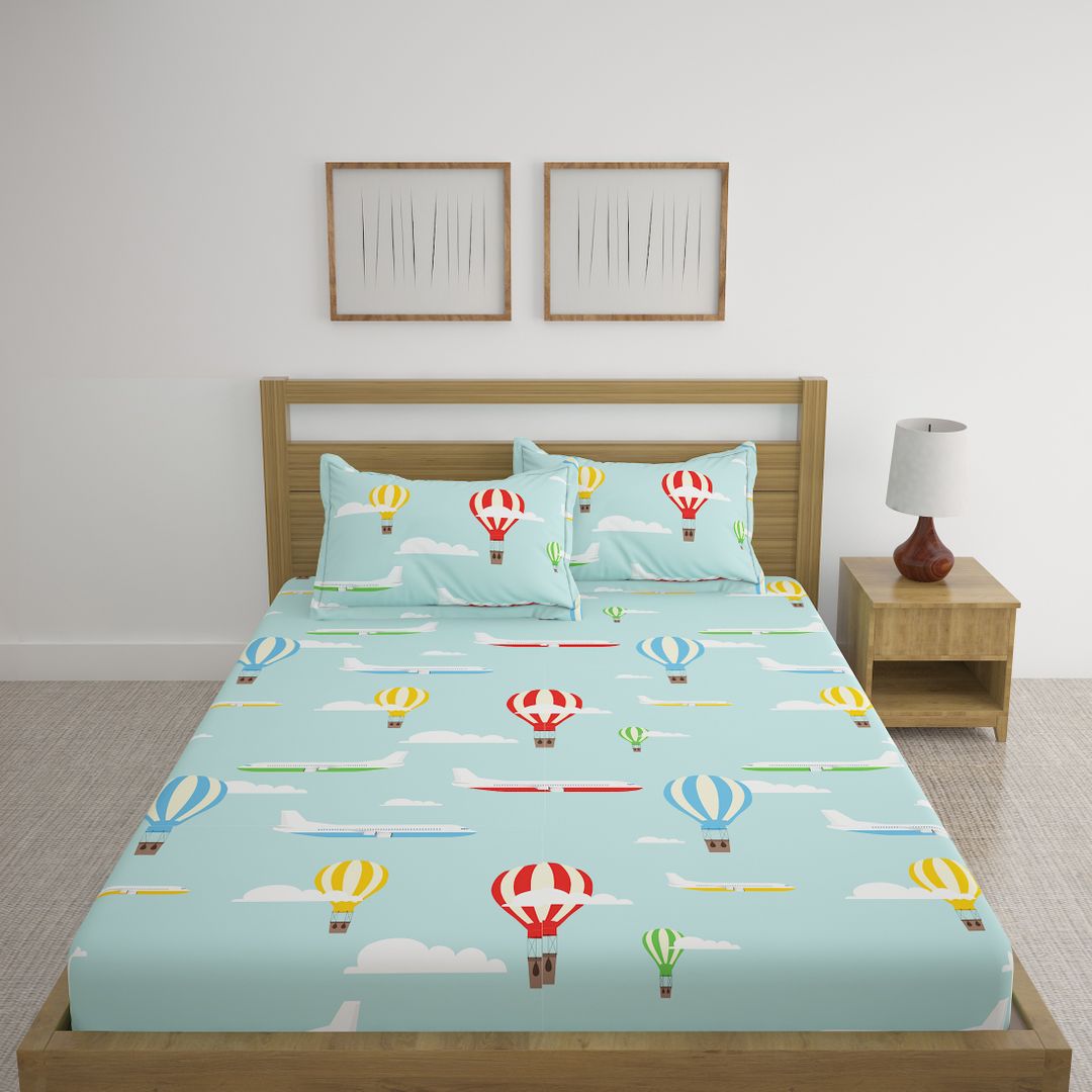 Hot Air Balloons with Aero planes Print Bed Sheet