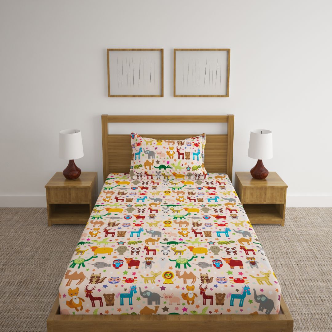 Cartoon Animals Print Bed Sheet