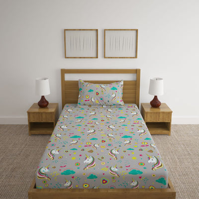 Unicorn Grey Print Bed Sheet