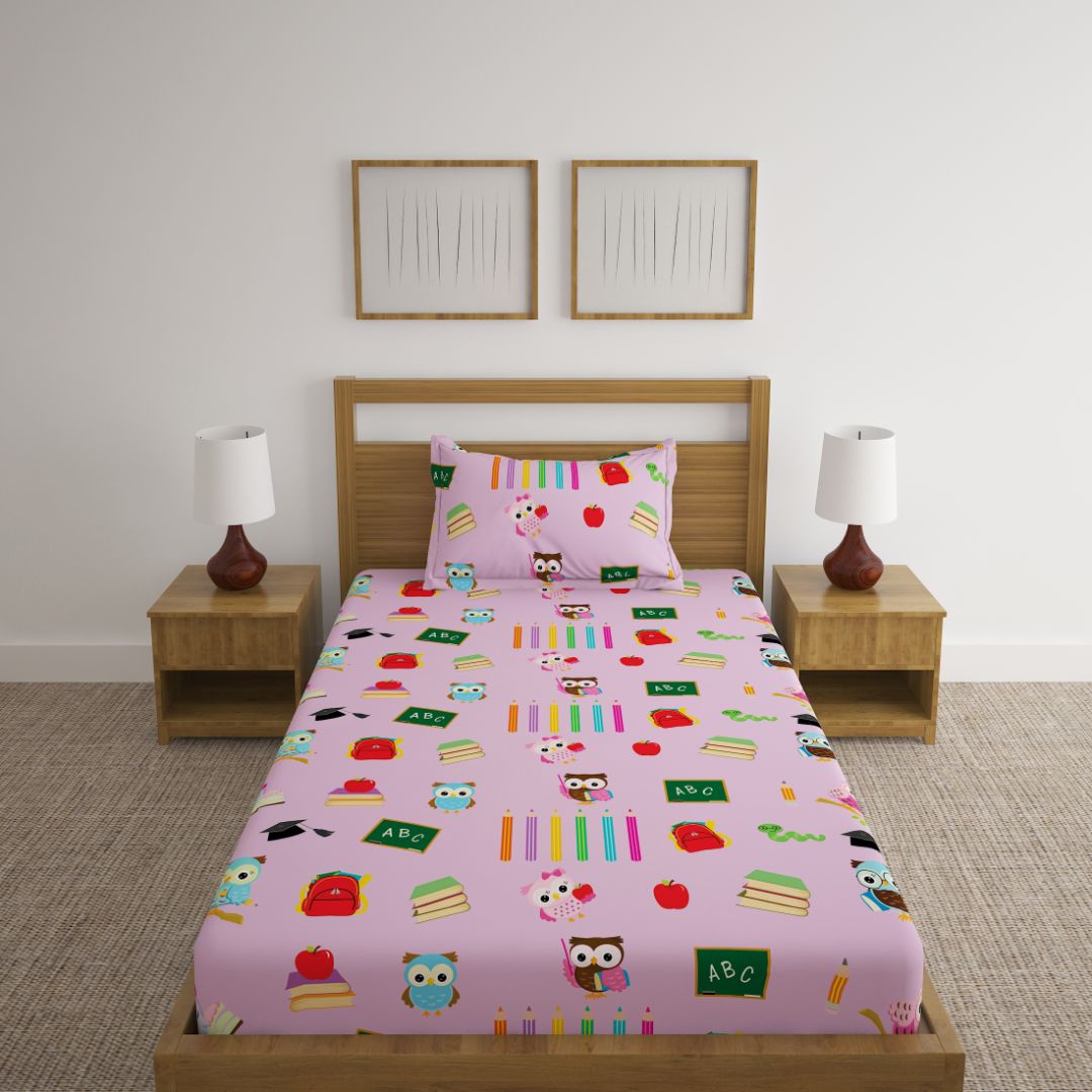 Back To School Pink Owl Print Bed Sheet