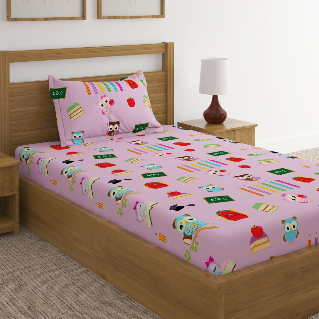 Back To School Pink Owl Print Bed Sheet