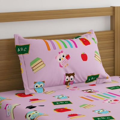 Back To School Pink Owl Print Bed Sheet