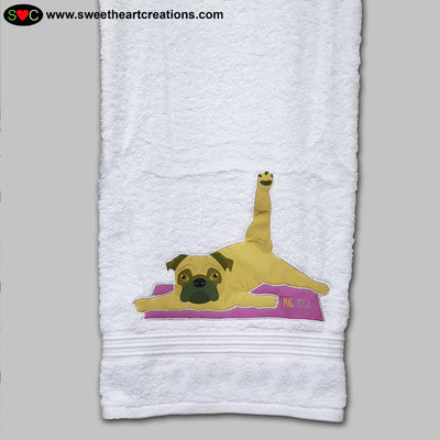 Pug Yoga Embroidered Personalized Towel Set Purple-White