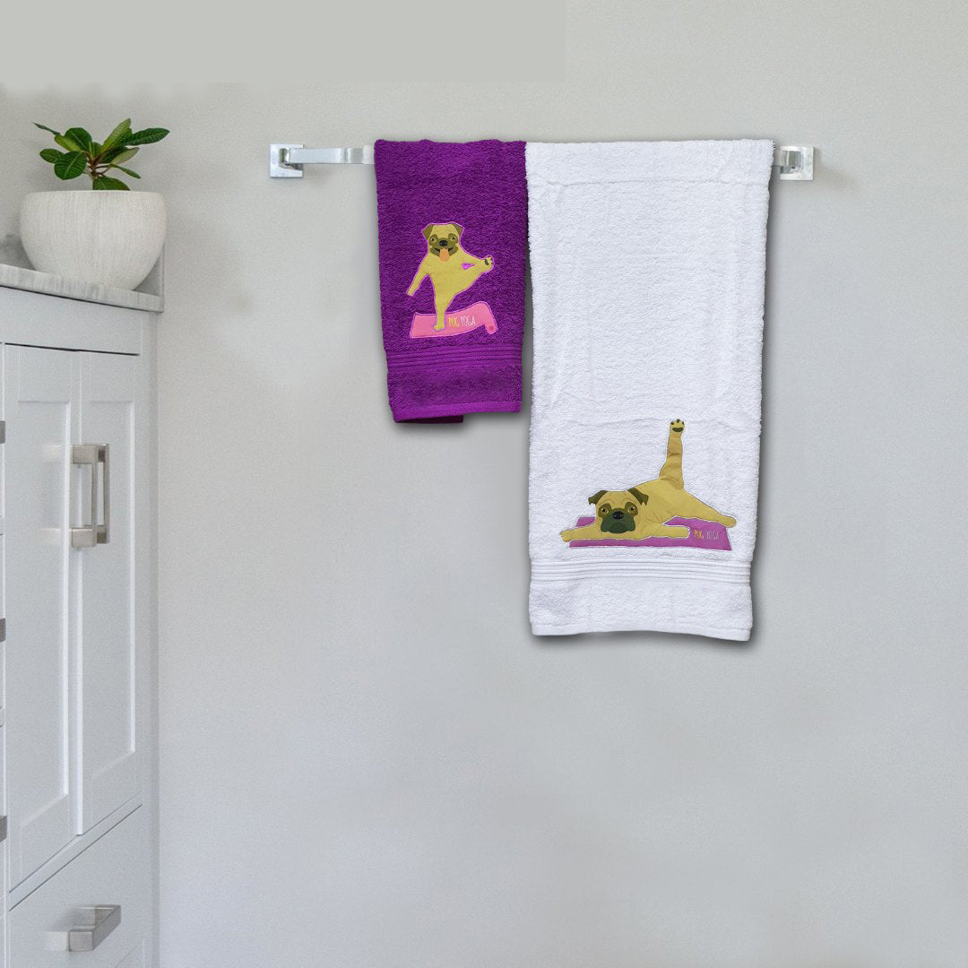 Pug Yoga Embroidered Personalized Towel Set Purple-White