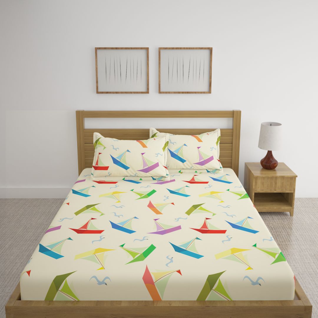 Colorful Paper Boats Print Bed Sheet